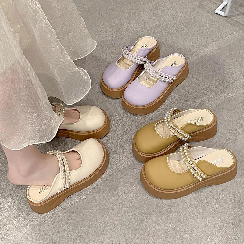 Baotou half slippers women's outer wear spring and summer new pearl thick-bottomed Mary Jane cool slippers