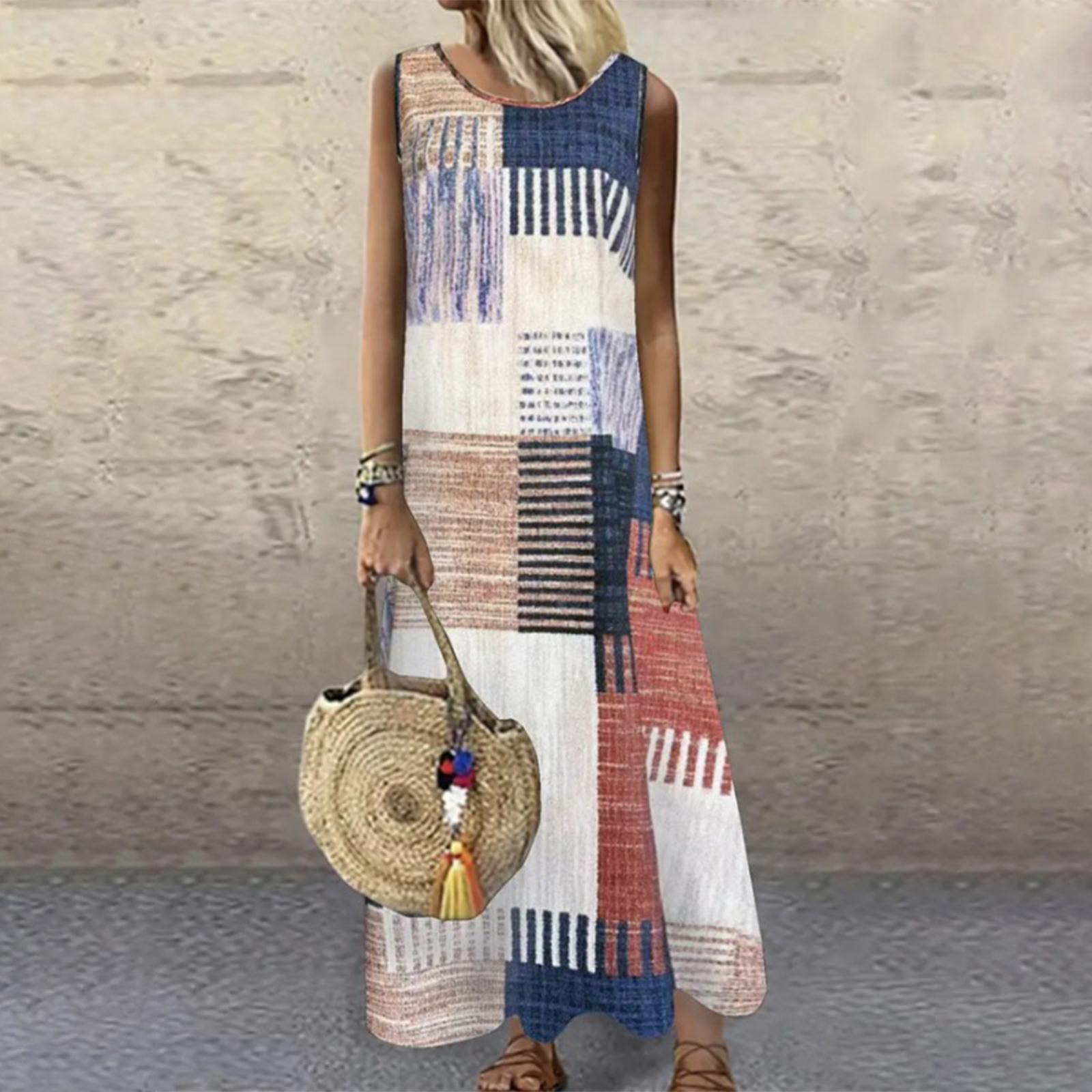 

Women s Fashion Printed Round Neck Sleeveless Vacation Casual Dress XL червоний