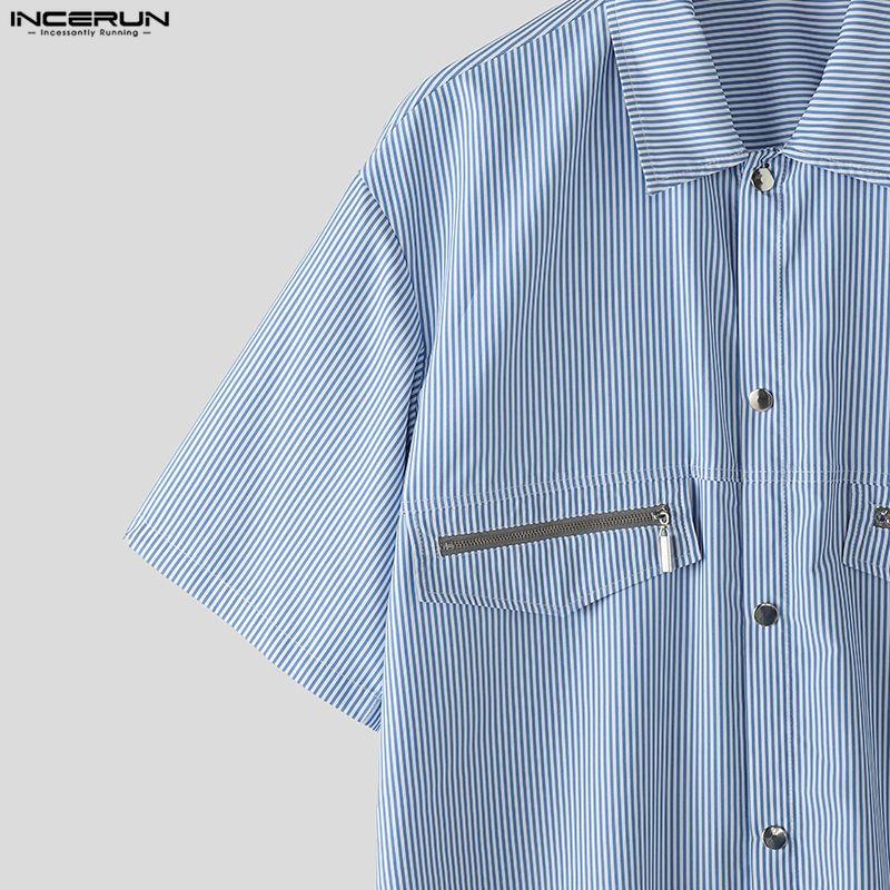 Lapel Incerun Men Oversized Neck Short Sleeve Striped Splicing Casual Summer Shirts