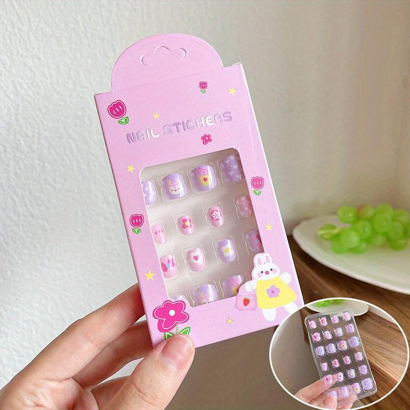 

24Pcs/box Children Cartoon Nail Tips Colorful Cute Girl Fake Nail Set with Jelly Glue Adhesive Children False Nail оленевий