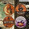 2D Flat, Vintage Halloween Round Metal Hanging Sign Set of 4, Witch Owl, Black Cat, Pumpkin Decor Plaques, Wonderful Halloween Gift, Perfect For