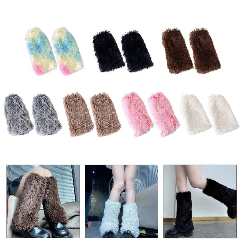 Rainbow Plush Leg Warmer for Trendy Party Costume Colorful Furry Fuzzy Boot Covers Leg Gaiters Footless Socks Streetwear