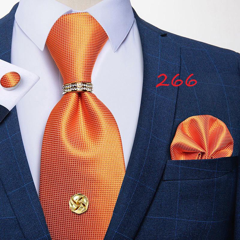 Dibangu Ties for Men Orange New Design Silk Tie Mens Necktie Hanky Cufflink Alloy Ring and Tie Tack Pin Set for Formal Party