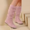 Pleated Design Slip On Western Boots 2026 Woman Flat Suede Flock Thick Heels Cowboy Boots Woman Side Zipper Mid-calf Short Botas