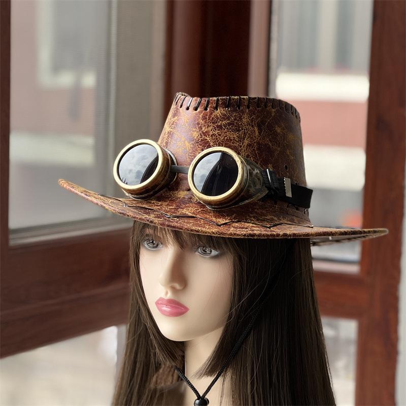 Vintage Western Cowboy Hat With Glasses Jazz Steampunk Heavy Metal Driver Goggles Cosplay Halloween Decorations for Adult Kids