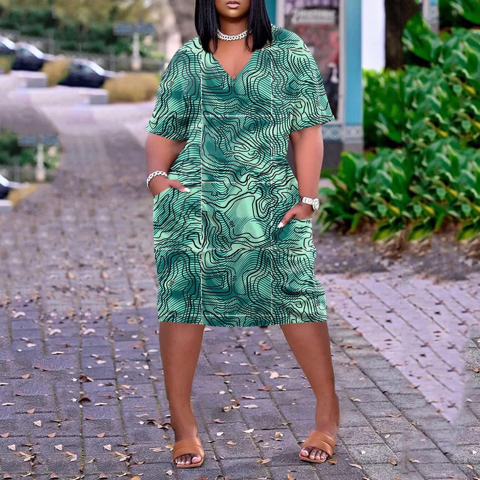 

Женское летнее повседневное платье больших размеров с v-образным вырезом и коротким рукавом с карманом до колена XL зелёный