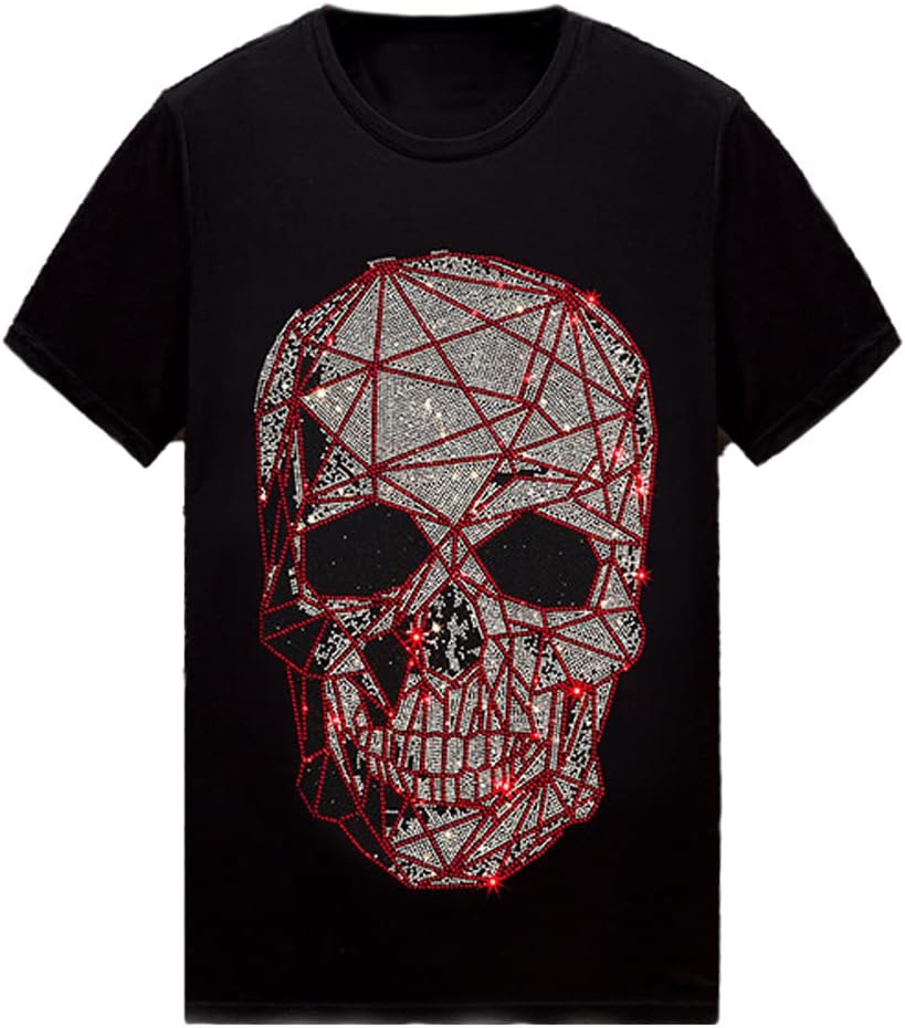 HZCX FASHION Maglietta Scintillante da Uomo e Donna con Strass a Manica Corta per Festival Rock Bling Pietre Preziose Maglietta in Cotone Grafica