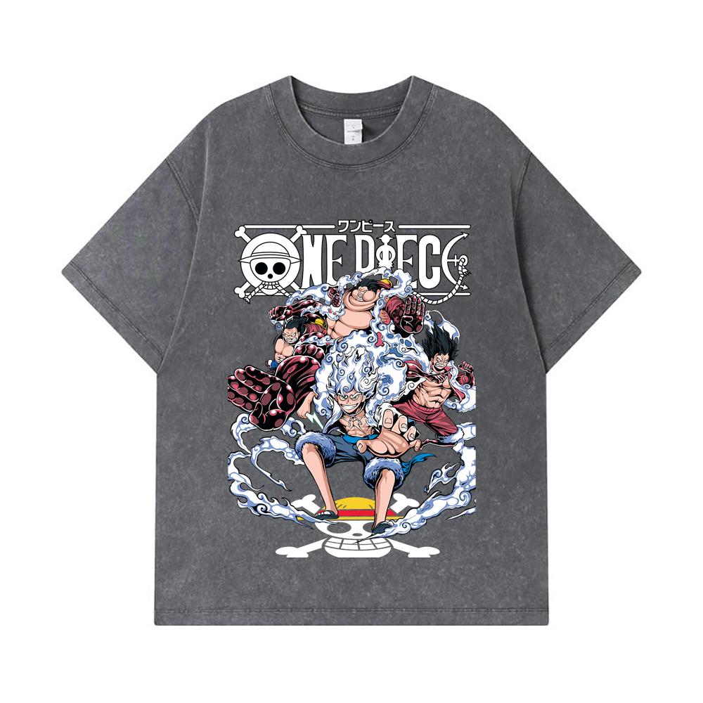 275 GSM Washed T-shirts 100% Cotton One Piece V30 Luffy Gears Print Unisex Heavy Cotton T Shirt