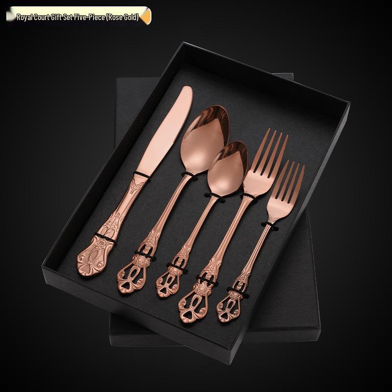 Royal Court 5-Piece Cutlery Set: Vintage Titanium-Plated Gold Stainless Steel Knife, Fork & Spoon with Embossed Hollow Design.