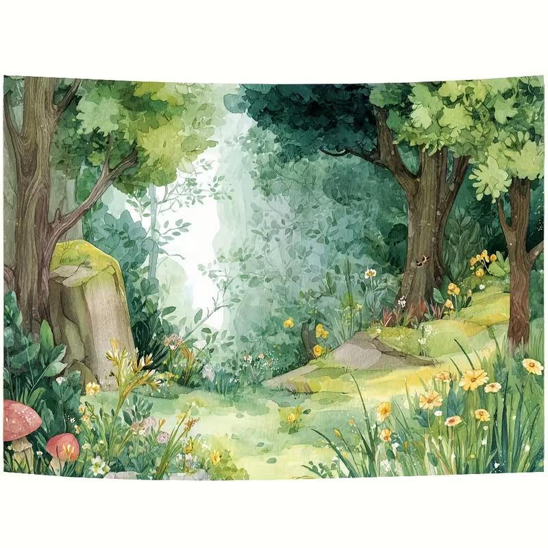 2D Magical Forest Photography Backdrop, Watercolor Green Woodland Background Cloth for Studio & Party Decoration