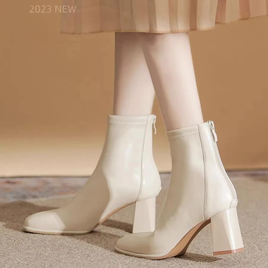 Fashion 2025 Autumn Winter Women Soft Leather Plus Velvet Heel Ankle Boots Fashion Square Toe Zipper Ladies Short Boots Botas De Mujer