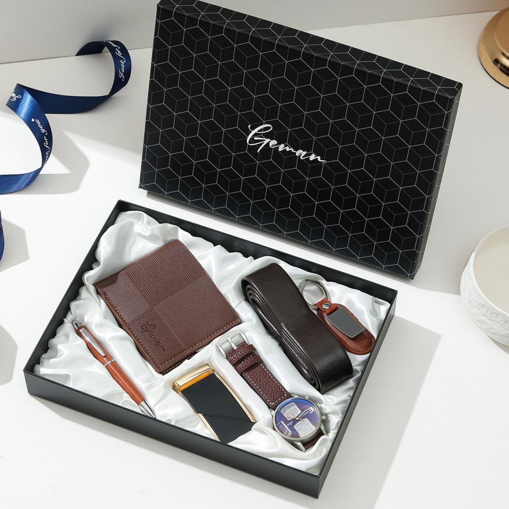 New Luxury Men's Accessory Set Watch Belt Wallet Pen Keychain Bracelet Cufflinks Sunglasses Gift Box for Dad Husband Boyfriend