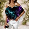Women Plus Size Off Shoulder Double Strap Short Sleeve Galaxy Smoke Print Blouse