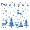 Blue Christmas Theme Party Supplies Watercolor Window Sticker, Non Adhesive Elk Snowflake Tree Removable PVC Holiday Decorations Wall Decal,