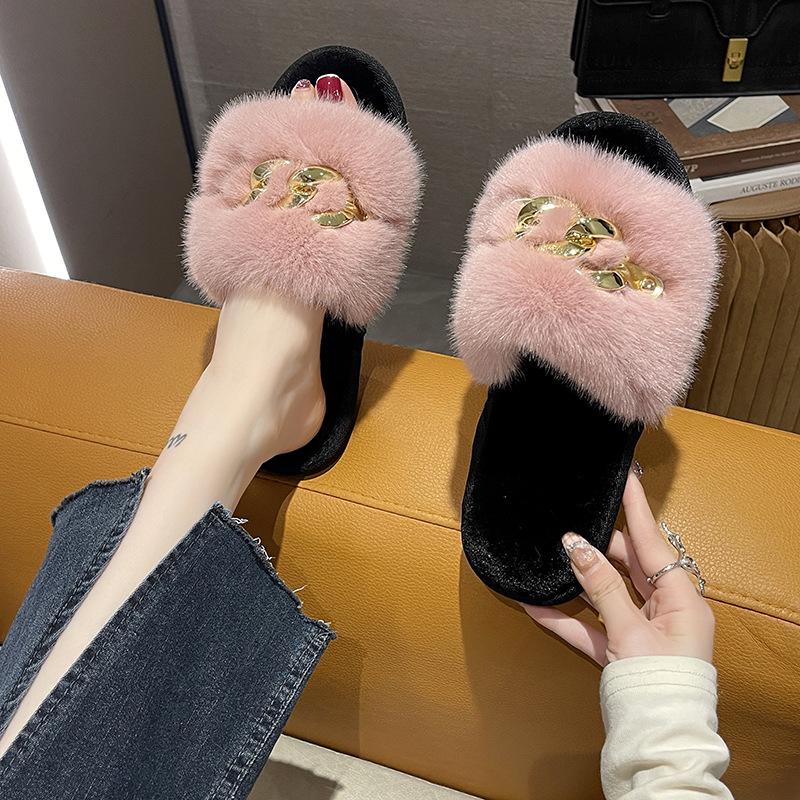 Women's Autumn/Winter Furry Slippers with Metal Chain - Fashionable Warm Flat Fur Slippers