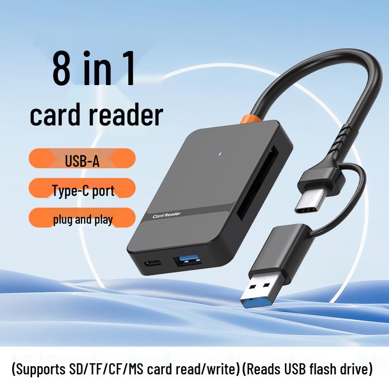 USB/Type-C 8-in-1 Card Reader: Expandable Hub for MS, CF, SD, TF Cards with USB 3.0 Compatibility for Mobile Phones and Computers.