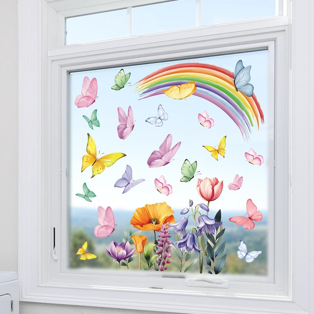 Static Cling Window Stickers Creative Rainbow Flowers and Butterflies for Kitchen Bedroom Living Room Bathroom Glass Decor
