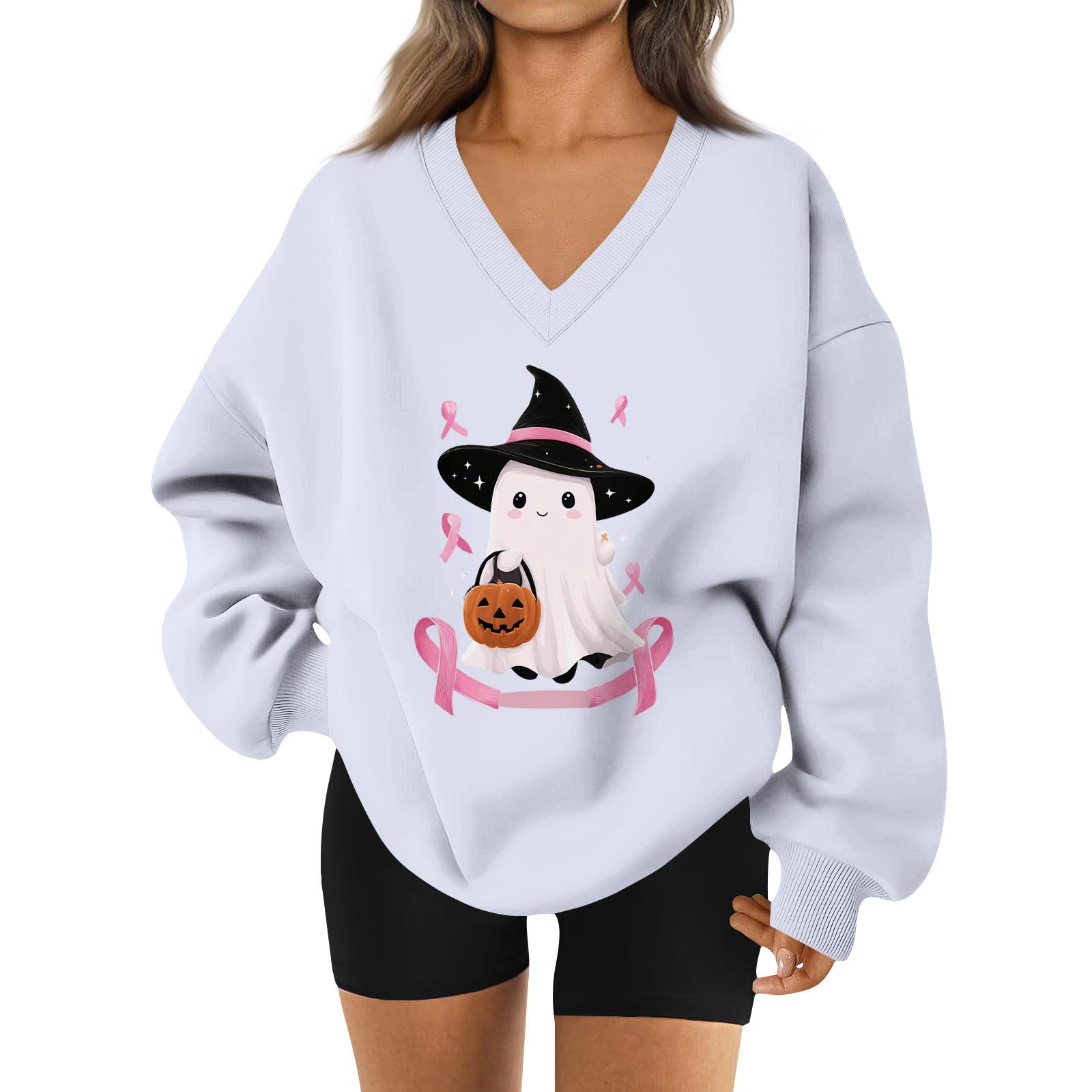 

Women s V-neck Dropped Shoulder Halloween Print Sports Sweatshirt Top XL білий