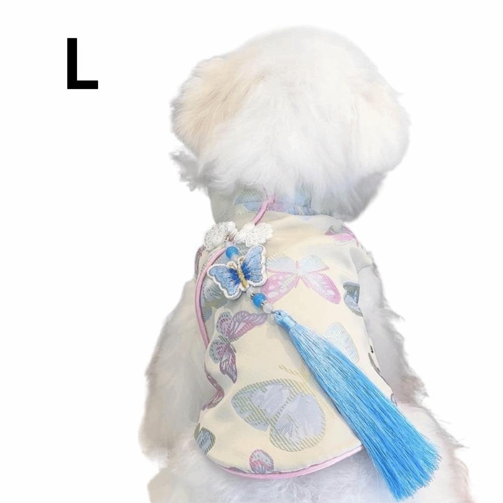 

Butterfly Printed Dog Dress Thickened Soft with Tassel Knot Chinese Cheongsam Anti-Fur Shedding Festive Costume Puppy