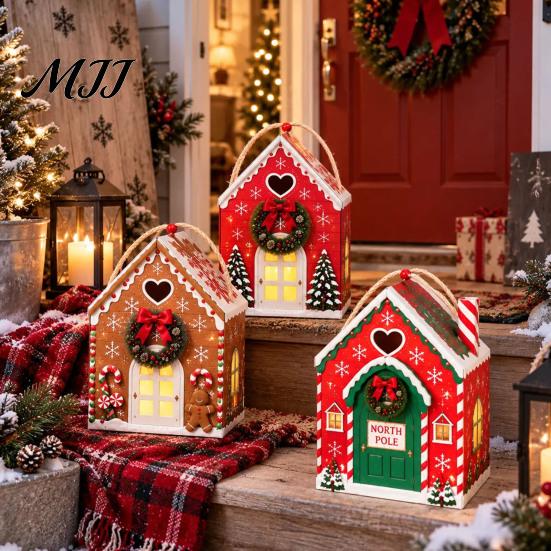 Reusable Seasonal Gift Containers Christmas House Shaped Candy Boxes with Handles, Festive Cottage Winter Holiday Packages Treat for Cookies