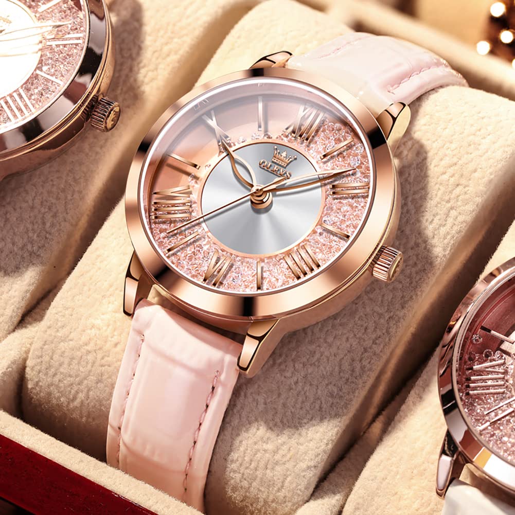 OLEVS Watch Popular Quartz Arm Watch Ladies Glitter Dial Diamond Quicksand Waterproof Luminous Present Day Watch for Women Pink Women's Mother's