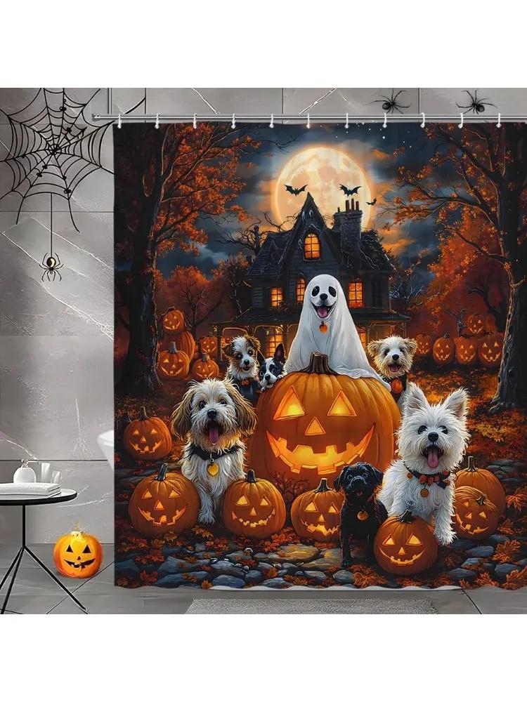 

Halloween Dogs Shower Curtain Spooky Castle Funny Puppy Ghost Orange Pumpkins Maple Tree Full Moon Forest Bats Haunted House 90x180cm