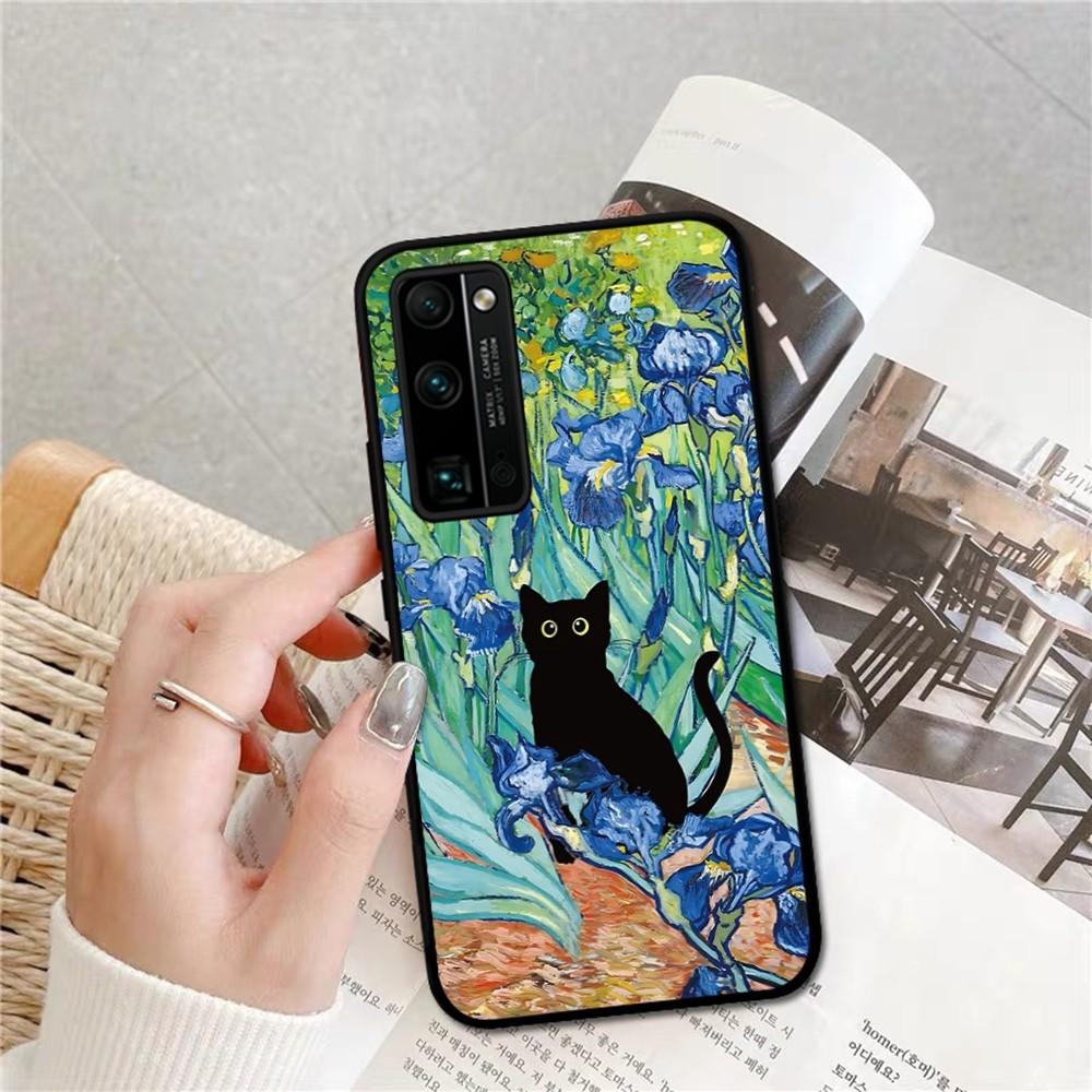 

Cartoon Animal Black Cat Oil Painting Phone Case For Huawei Honor 10 Lite 9 20 7A 9X 30 50 60 70 Pro Plus Soft Silicone Cover HuaweiHonor70ProPlus