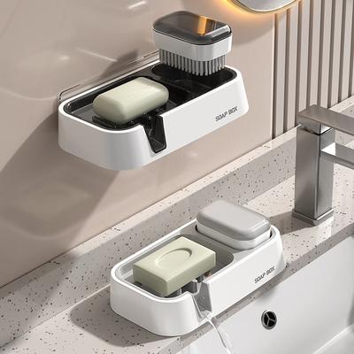 Multifunctional Soap Box Wall Mounted Double Drain Soap Storage Rack with Cleaning Brush Household Bathroom Soap Brush Storage