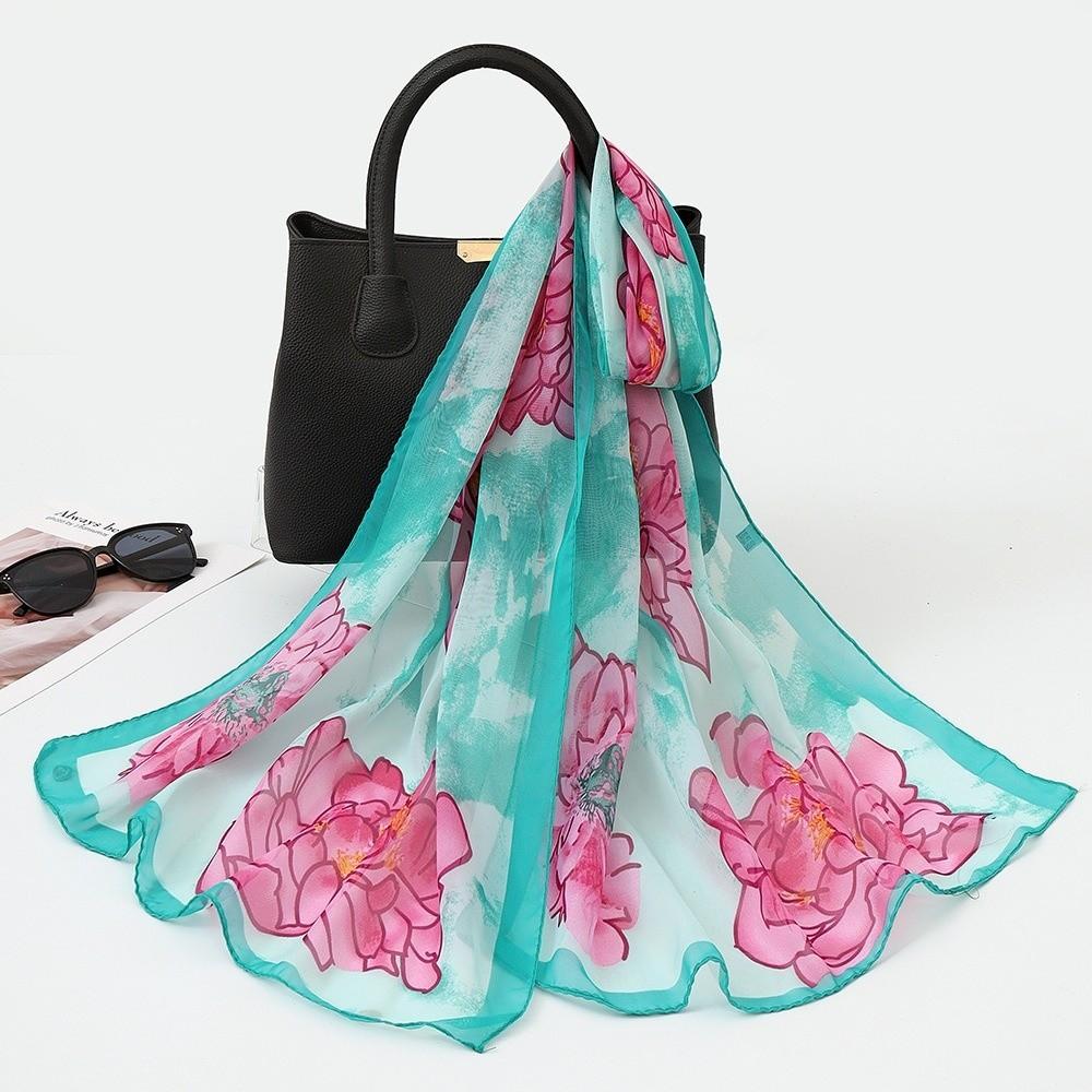 New Chiffon Printed Silk Scarf Floral Lotus Breathable Beach Travel Photography Shawl Thin Fashion Scarf Long Silk Scarf
