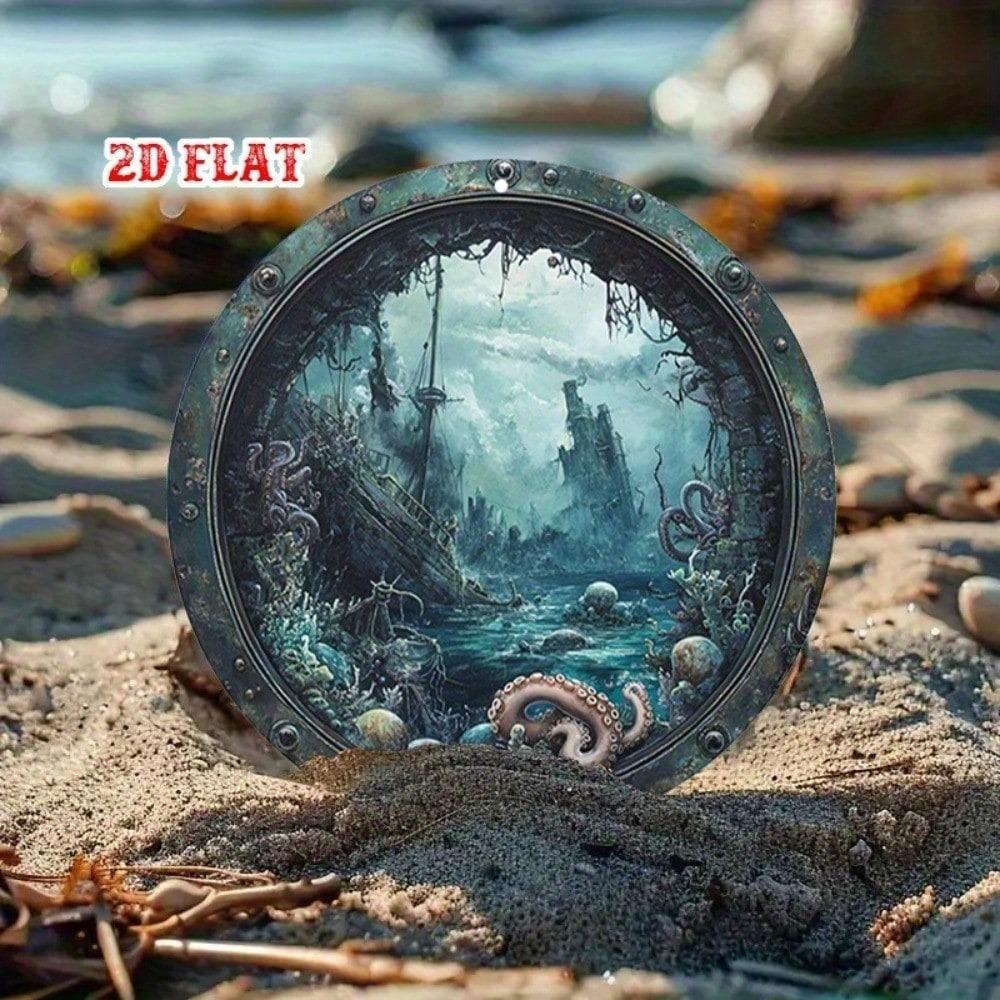1pc Vintage Nautical Octopus Porthole Metal Wall Art Sign, Fantasy Underwater Ruins Aluminum Round Home Decor
