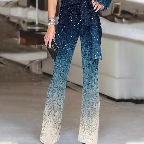 Women Party Jumpsuit Wide Leg High Waist Shiny Powder One Long Sleeve