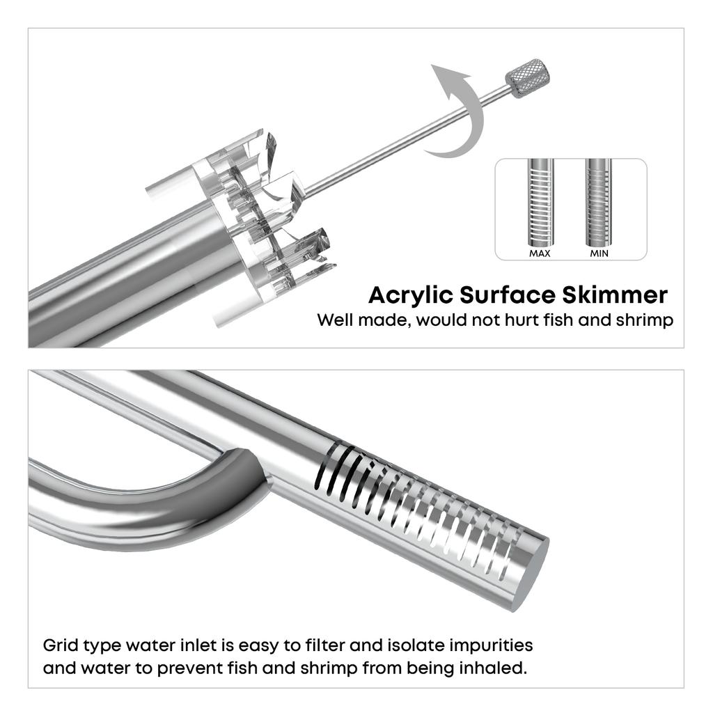 Aquarium Stainless Steel Skimmer Lily Pipe Inflow and Outflow with Spin Skimmer and Adjustable Rod for Filter Tubing
