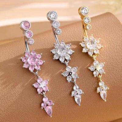 Copper Zircon Belly Button Ring Long Dangled Body Jewelry Stainless Steel Navel Piercing  Gift