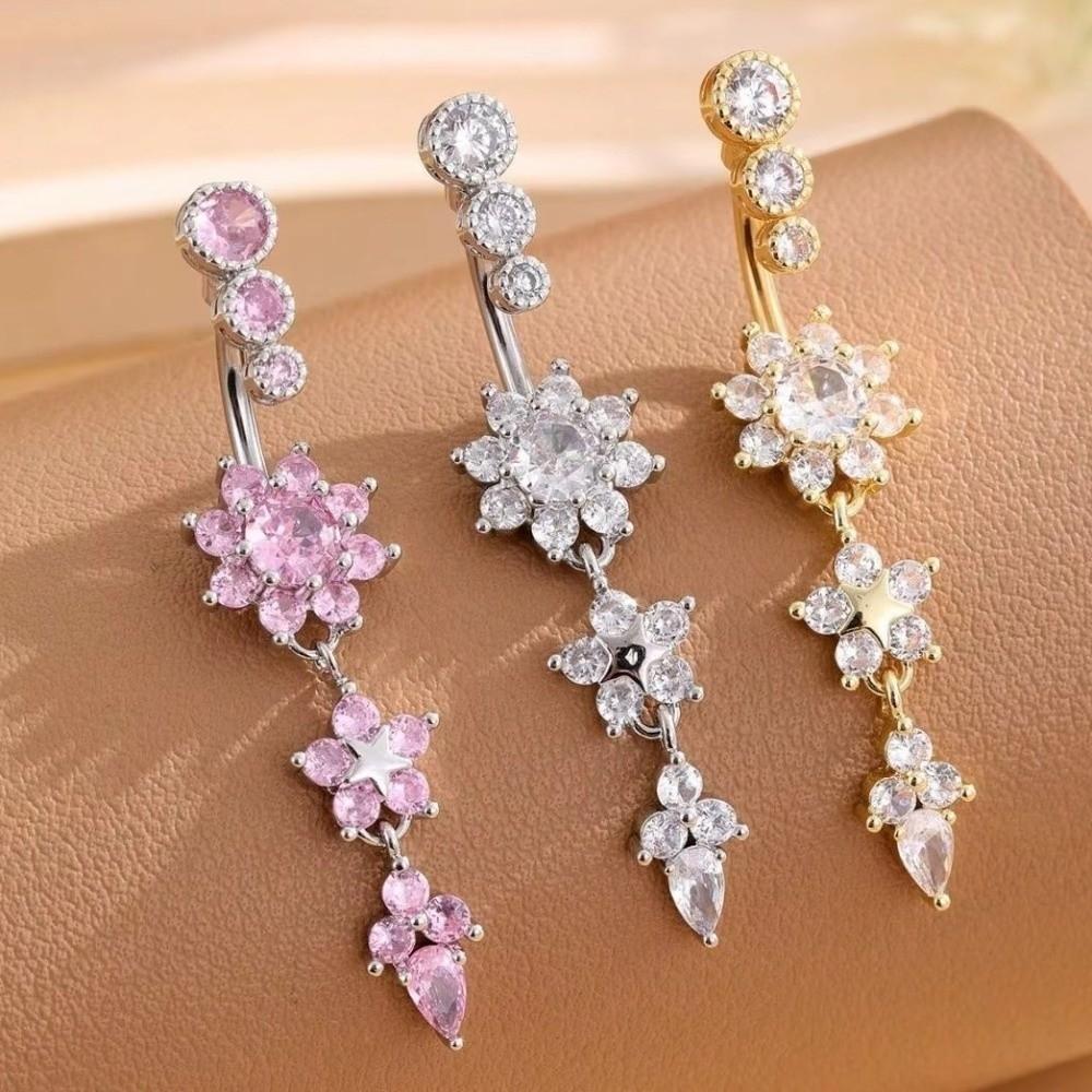 Copper Stainless Steel Navel Piercing Pink Body Jewelry Shiny Zircon Belly Button Ring  Accessories