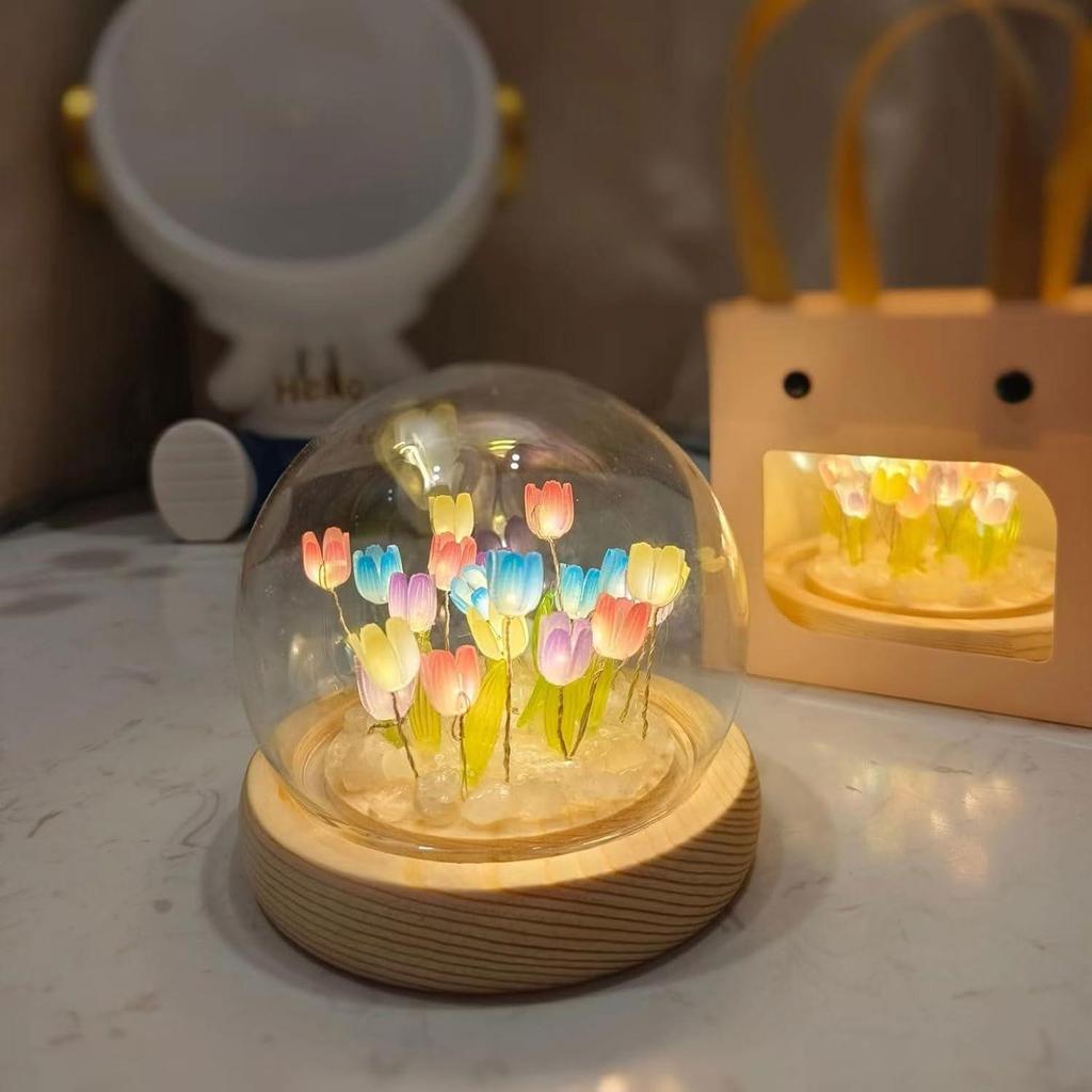 Tulip LED Night Light – Decorative Glass Table Lamp with 10 Artificial Flowers, Soft Glow for Bedroom, Living Room, Birthday & Gifts (Multi-Color)