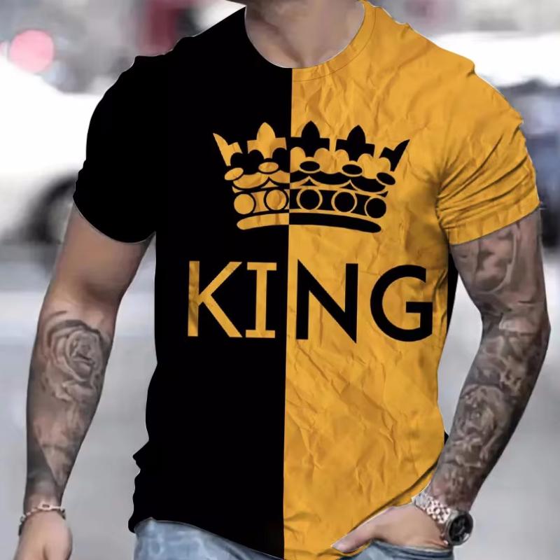 Summer Round Neck 3D King Pattern Print Top Fashionable Casual Short Sleeved Men's T-shirts