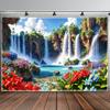 Tropical Waterfall Tapestry, Colorful Flower Nature Background Cloth, Bright Landscape Wall Decor