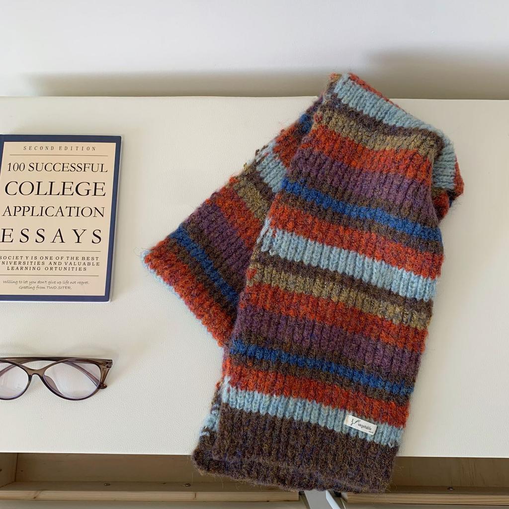 Retro Contrast Color Striped Scarf Wool Knitting Scarf For Women Autumn Winter Warm Cold-Proof Scarf Versatile Student Muffler