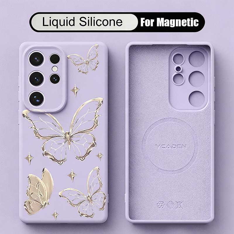 Goldern Sketch Butterfly Case For Samsung Galaxy S26 S25 Ultra S24 Plus S23 S22 Ultra Magnetic For Magsafe Liquid Silicone Cover