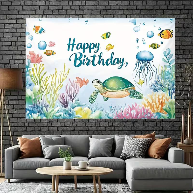 2D Watercolor Ocean Birthday Backdrop, Underwater Sea Turtle Kids Party Photo Booth Banner