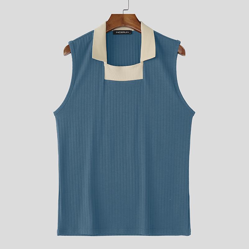 

INCERUN Men Square Collar Sleeveless Stitching Rib Casual Tank Tops Undershirts 5XL синій