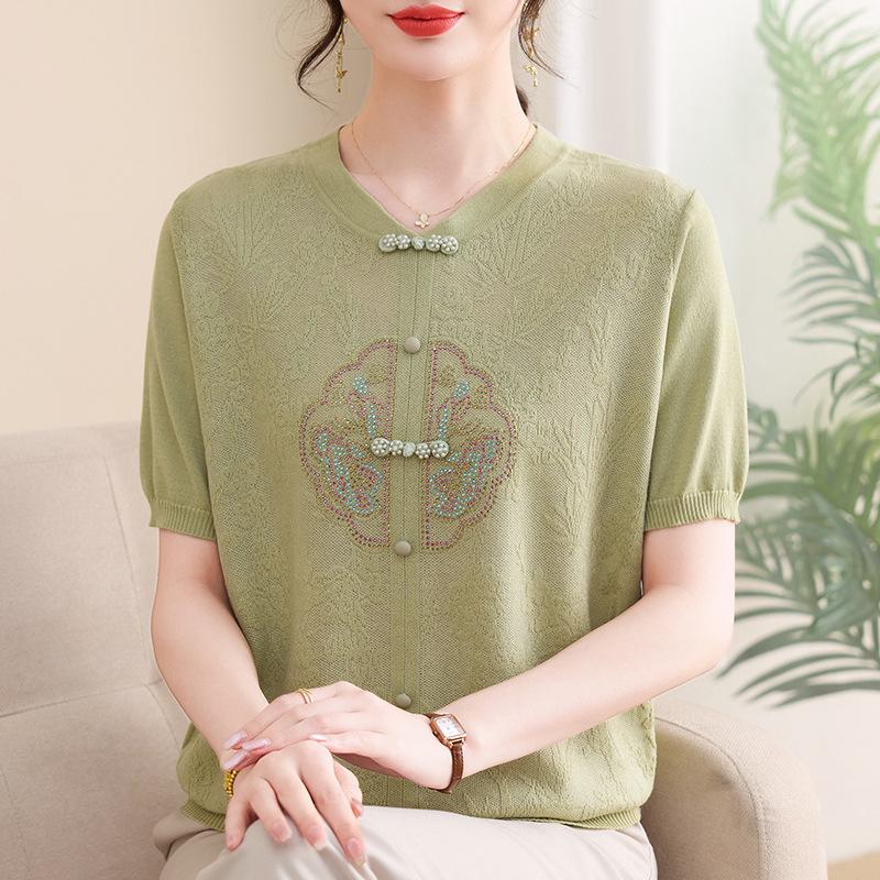 Mom's Stylish 2026 Summer Ice Silk Short-Sleeve Top - Chinese Style Knit T-Shirt for Middle-Aged & Elderly Women
