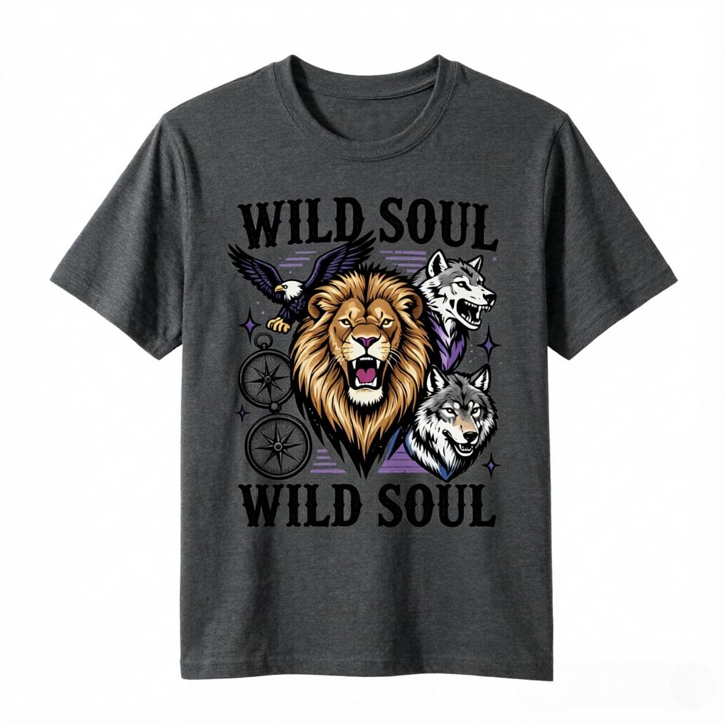 Wild Soul Lion Wolf Eagle Compass Wildlife Print TShirt Unisex Unisex Vintage Animal Graphic Casual Cotton Tee Short Sleeve Tops
