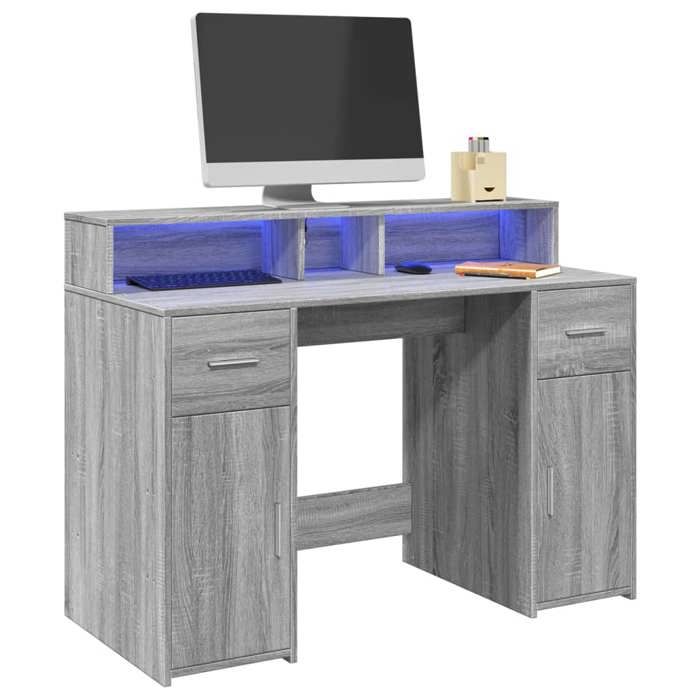 VidaXL Desk and LED Lights Sonoma Grey 120x55x91cm Engineered Wood, Work Desk, Study Desk, Home Office Desk, 3309416