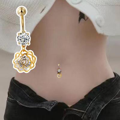 Göbek Piercingleri Paslanmaz Çelik Oyuk Çiçek Sallantılı Vücut Piercing Takısı Kadınlar için Rhinestone Göbek Halkası