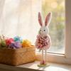 Easter Standing Bunny Doll Cute Fabric Rabbit Figurine with Artificial Flower for Spring Home Shelf Table Decor