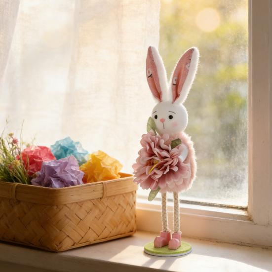 Easter Standing Bunny Doll Cute Fabric Rabbit Figurine with Artificial Flower for Spring Home Shelf Table Decor