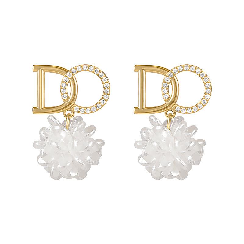 Fashion 925 Silver Diamond-embedded DO Letter Flower Stud Earrings For Women Pearl Ball Drop Earrings