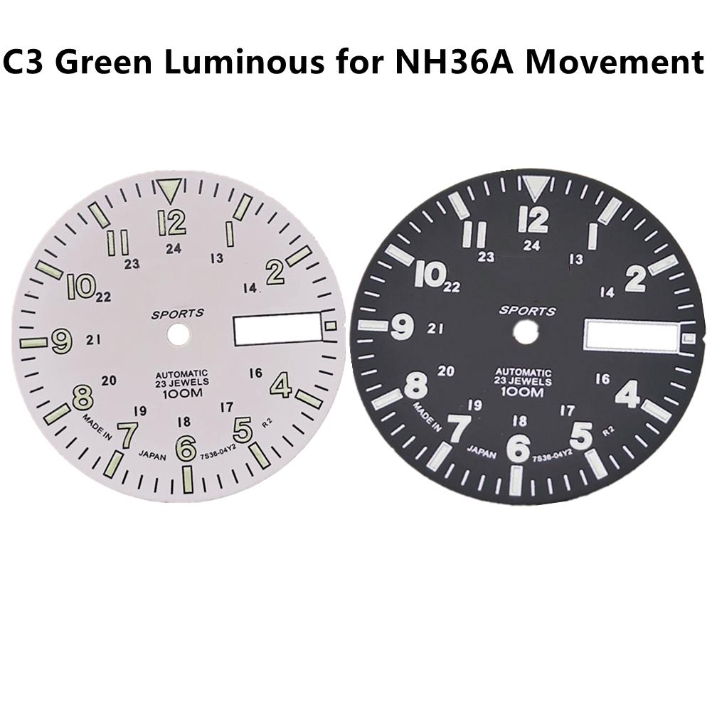 28.5mm C3 Green Luminous Watch Dial Face for NH36A Automatic Mechanical Movement Black/ White Display Watch Replacement Part