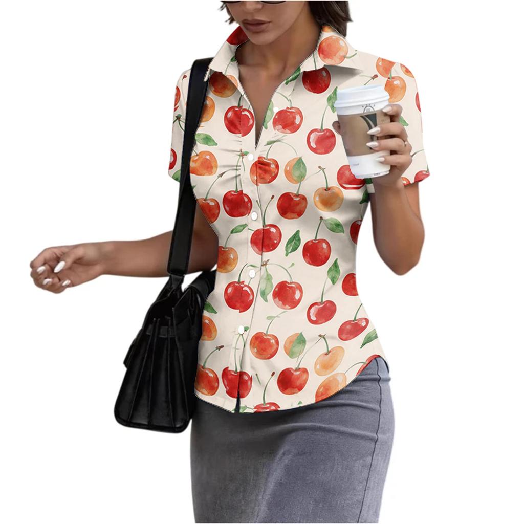 Women's Short Sleeve Button Down Shirt Slim Fit Collared Blouse Lightweight Casual Workwear Top for Summer